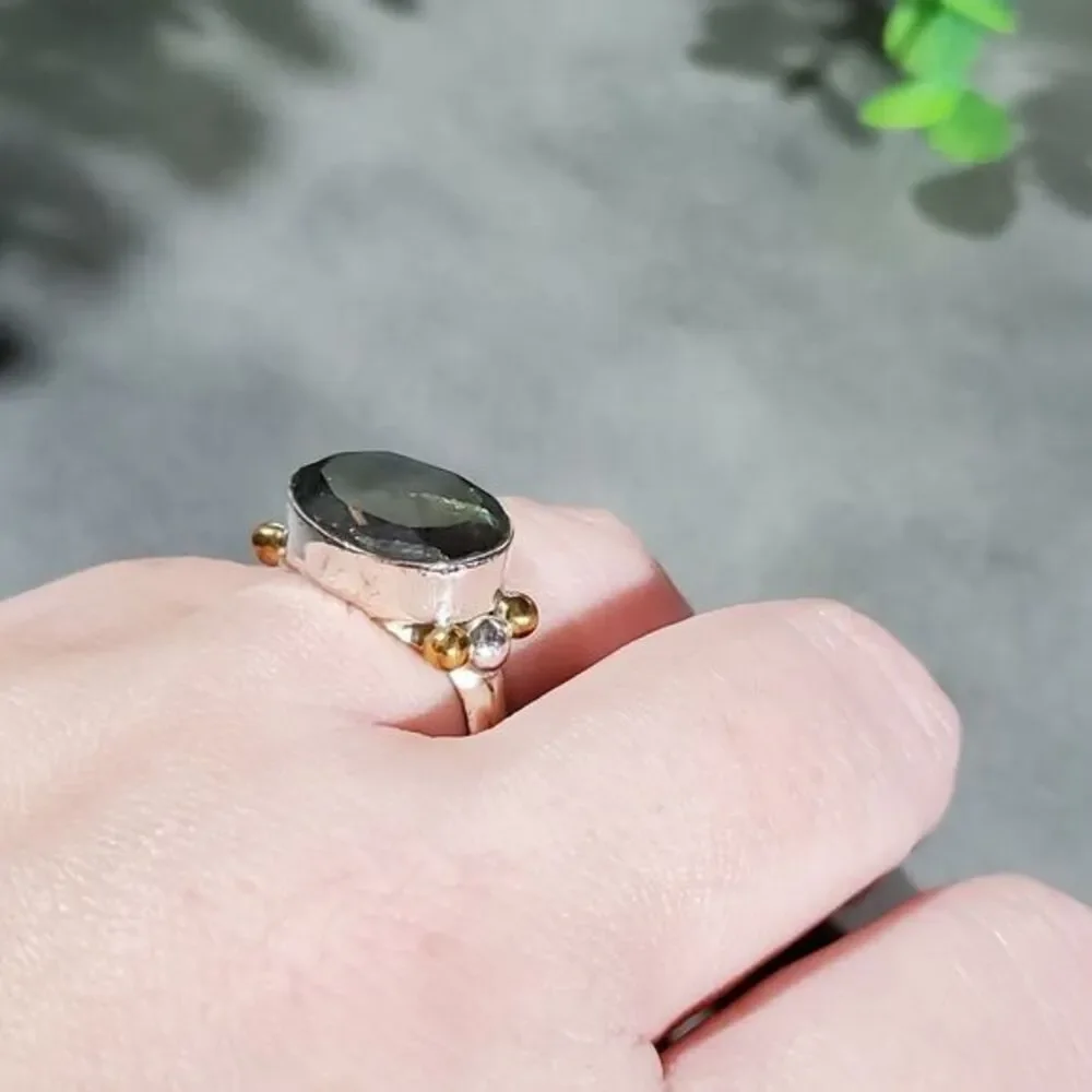 Sterling silver and‎ brass Labrodite ring size 9